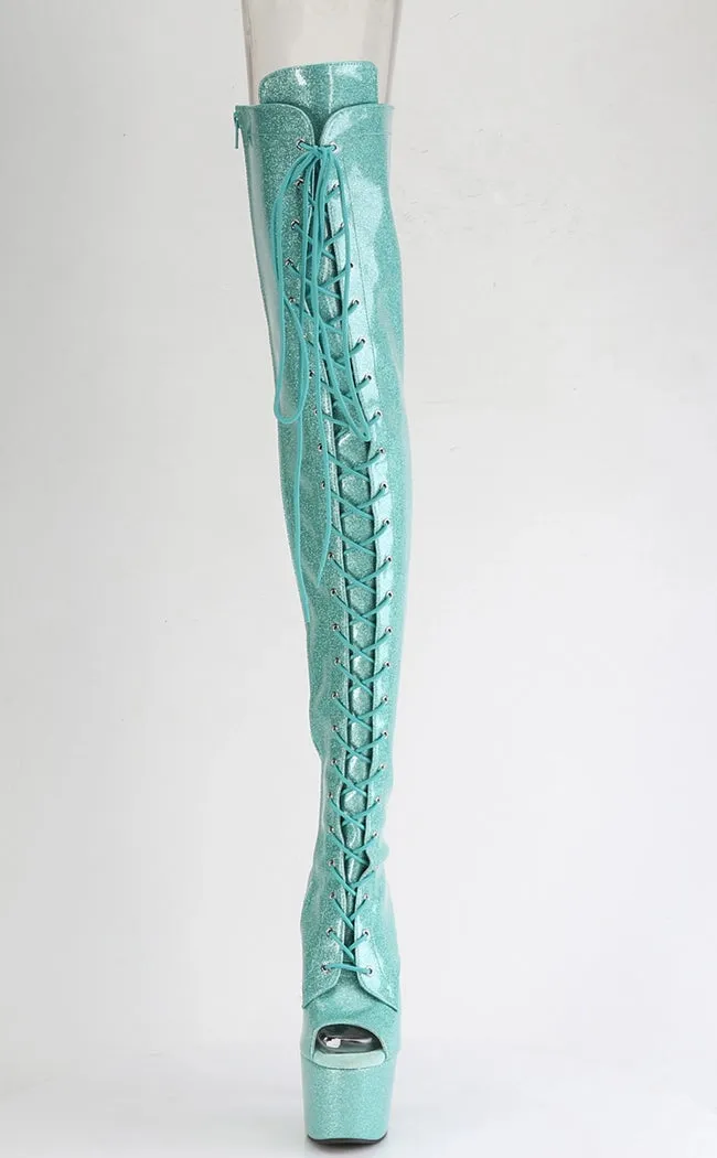 ADORE-3021GP Aqua Glitter Patent Thigh High Boots