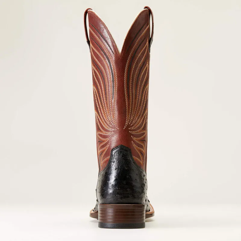 Ariat Men's Brandin' Ultra Western Boot in Jet Black Full Quill Ostrich & Roasted Chestnut