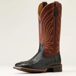 Ariat Men's Brandin' Ultra Western Boot in Jet Black Full Quill Ostrich & Roasted Chestnut