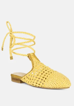 BARTSI Yellow Handwoven Tie Up Flat Mules