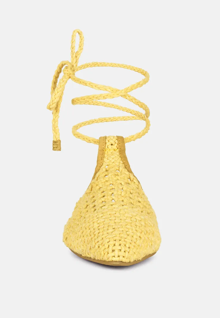 BARTSI Yellow Handwoven Tie Up Flat Mules