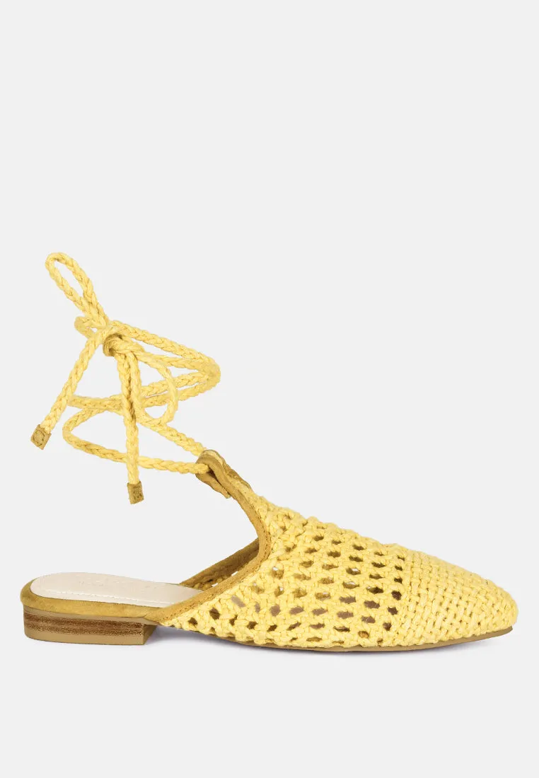 BARTSI Yellow Handwoven Tie Up Flat Mules