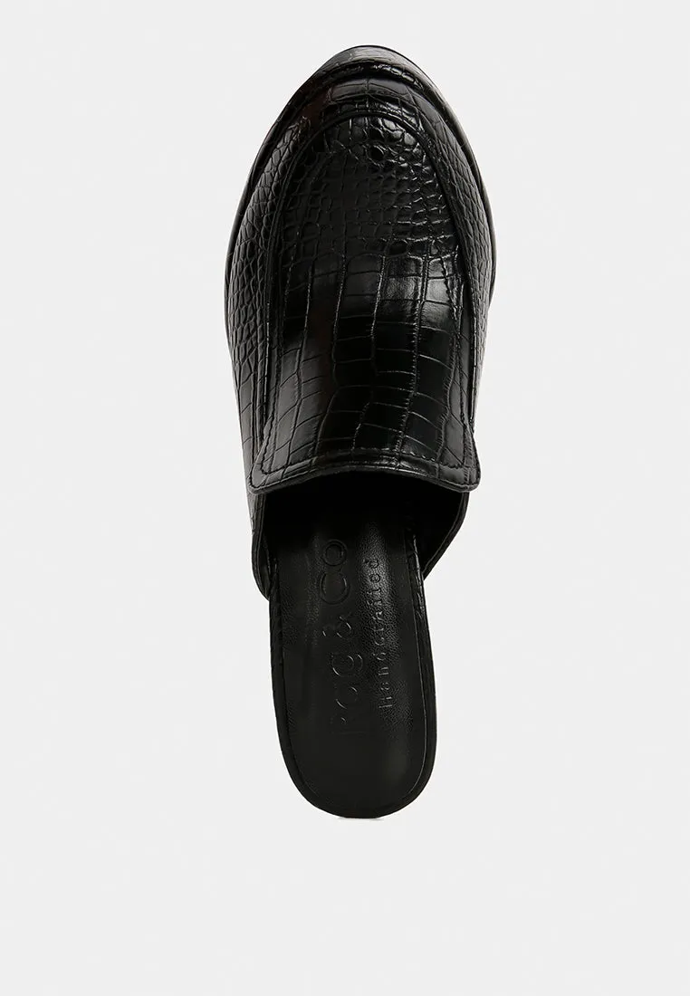 BAUHAUS Black Croc Pattern Heeled Platform Mules