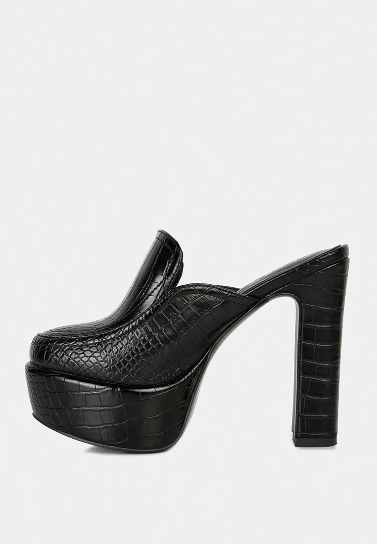 BAUHAUS Black Croc Pattern Heeled Platform Mules