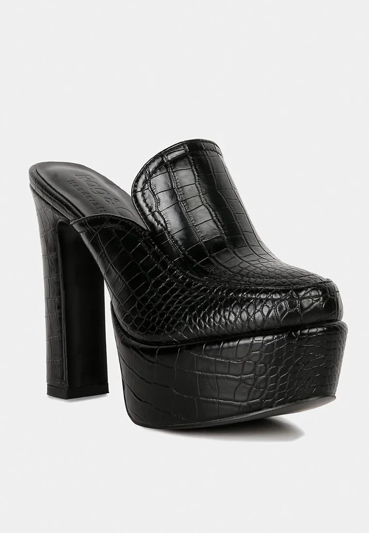 BAUHAUS Black Croc Pattern Heeled Platform Mules