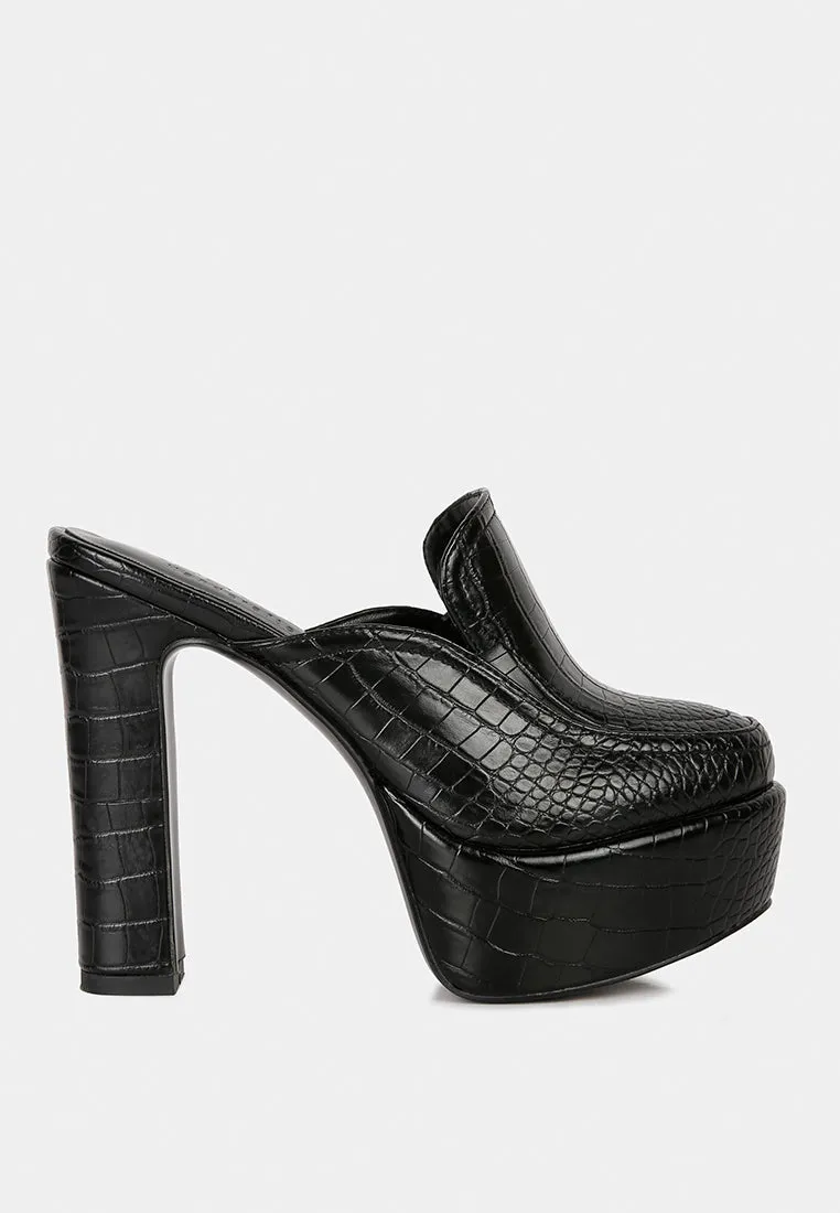 BAUHAUS Black Croc Pattern Heeled Platform Mules