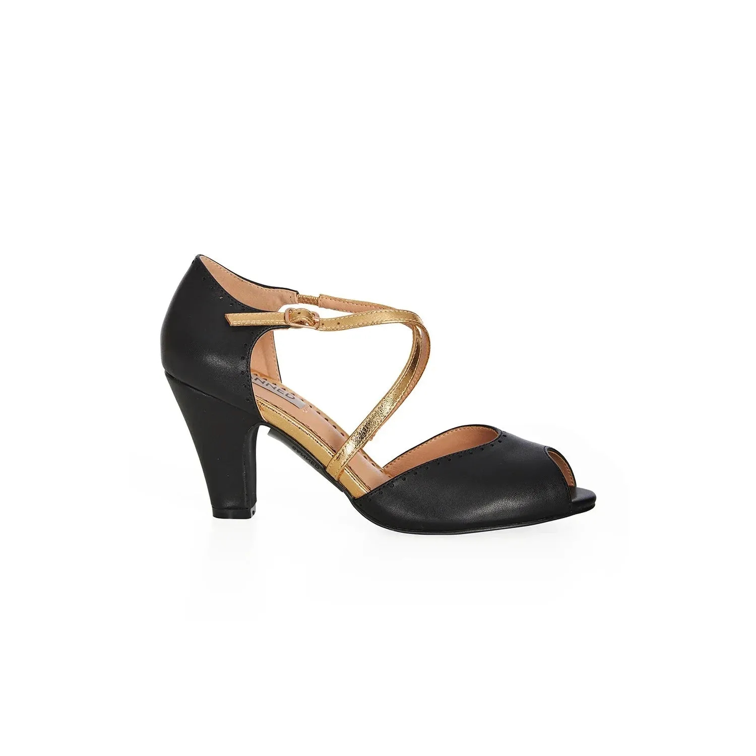 Black Peep Toe Dance Shoes With Gold Crossover Strap Detail