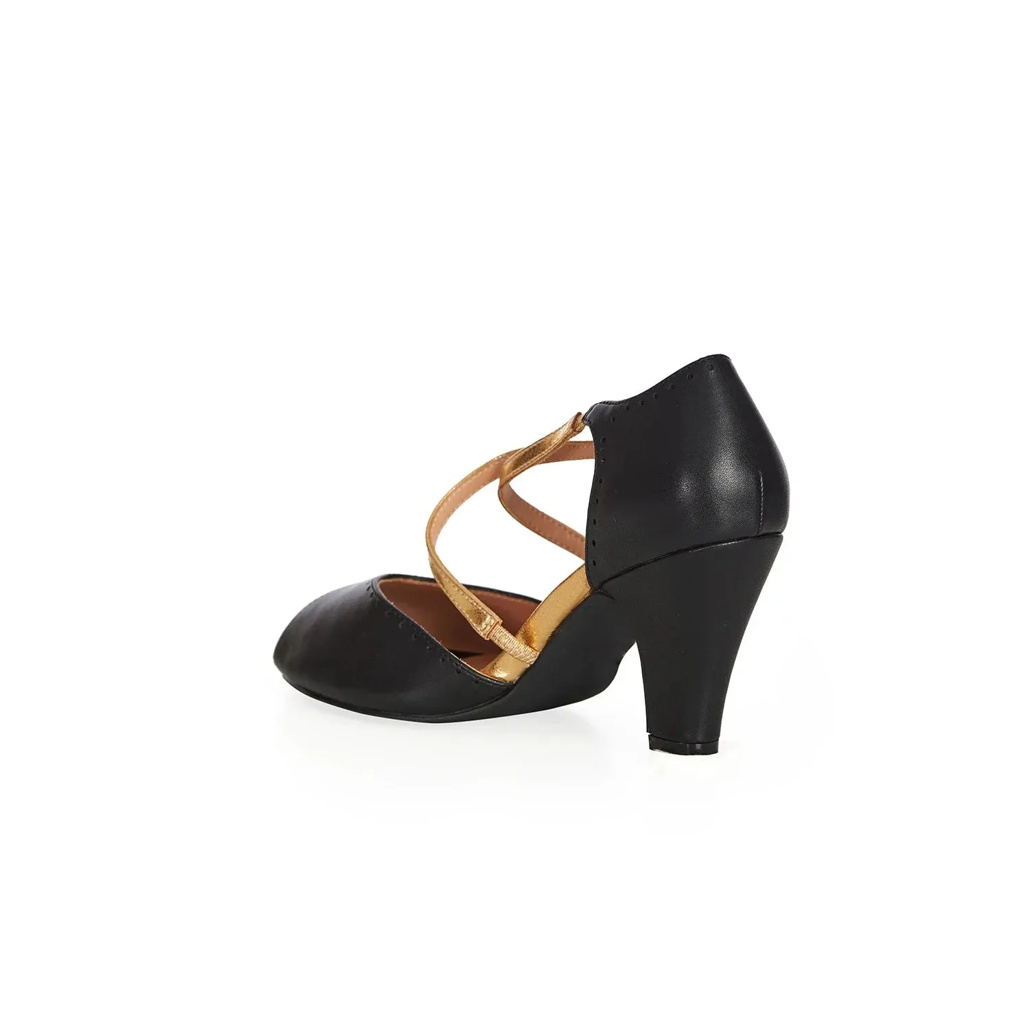 Black Peep Toe Dance Shoes With Gold Crossover Strap Detail