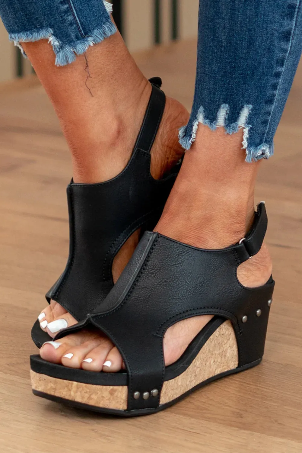 Black Vintage Leather Stitching Studded Wedge Sandals