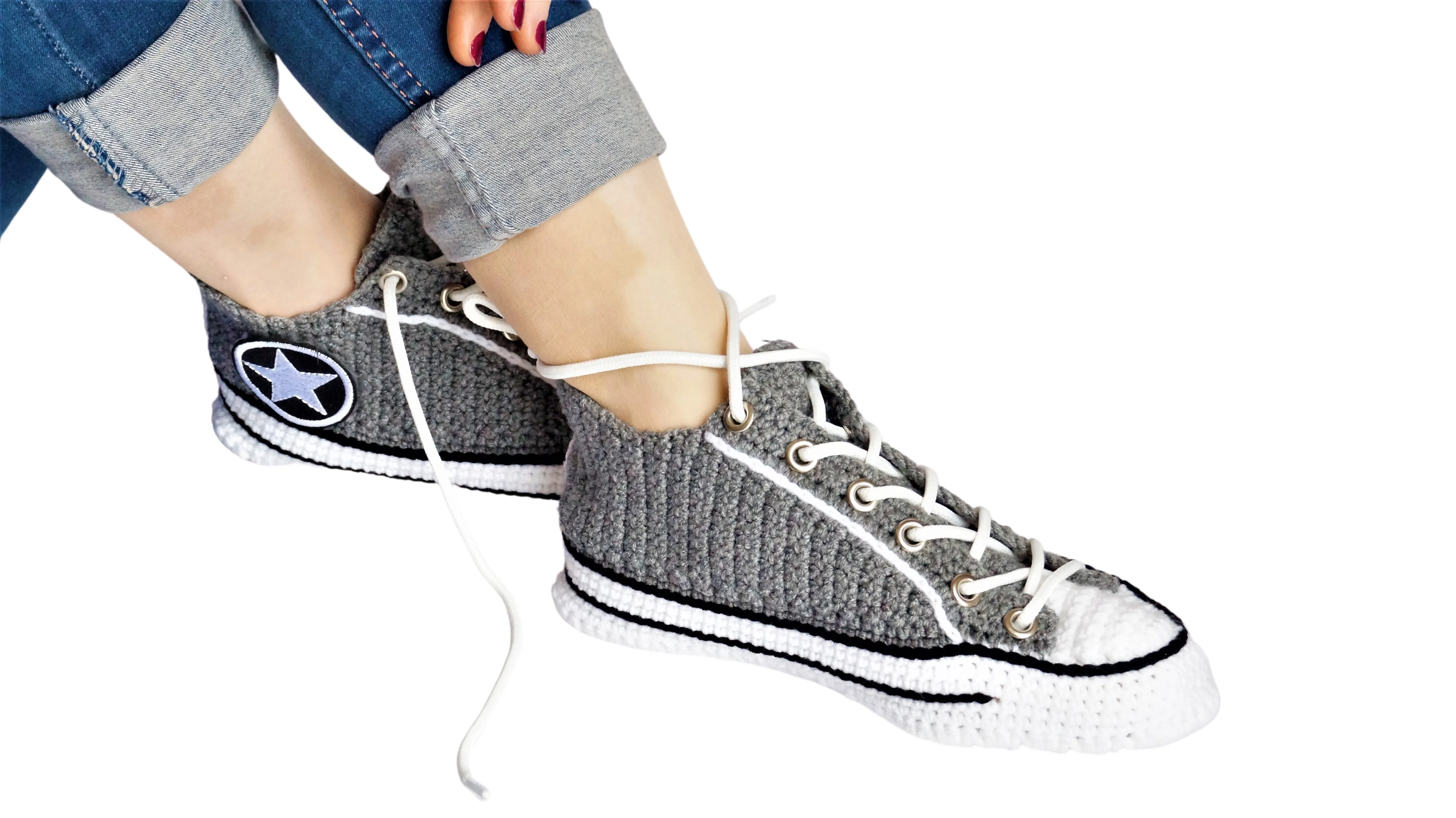 Crochet Converse Seasonal Low Top Classic Grey Slippers Handmade Sneakers Plush Shoes