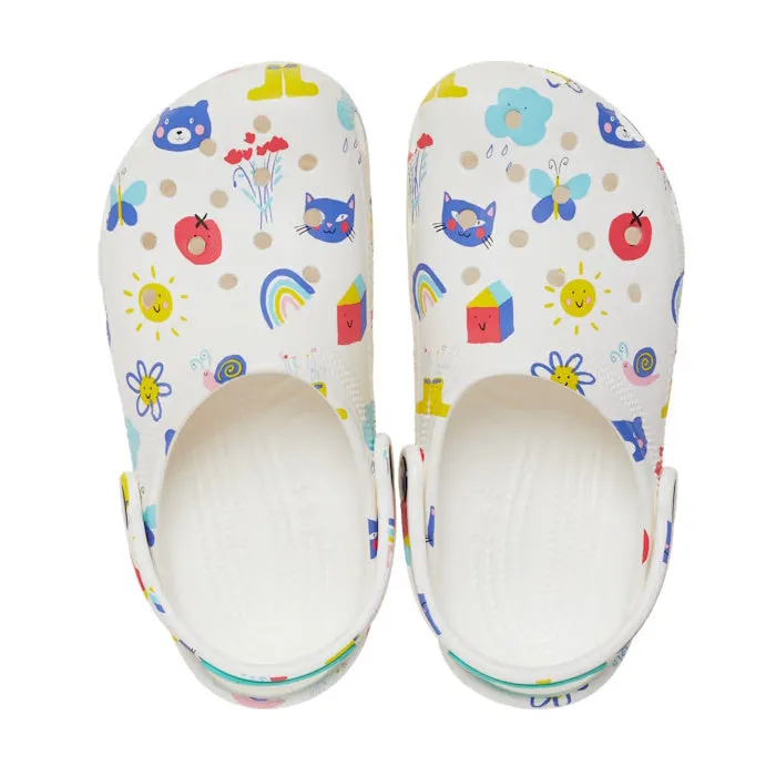 Crocs Kids - Youths Classic Clog K Doodle Print White Multi Sandal