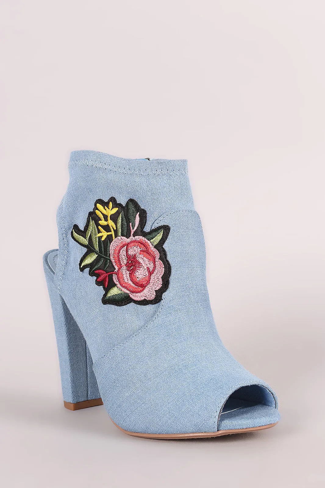 Delicious Denim Floral Patch Peep Toe Chunky Heeled Booties