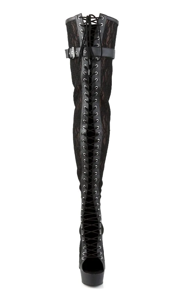 DELIGHT-3025ML Black Lace Thigh High Boots