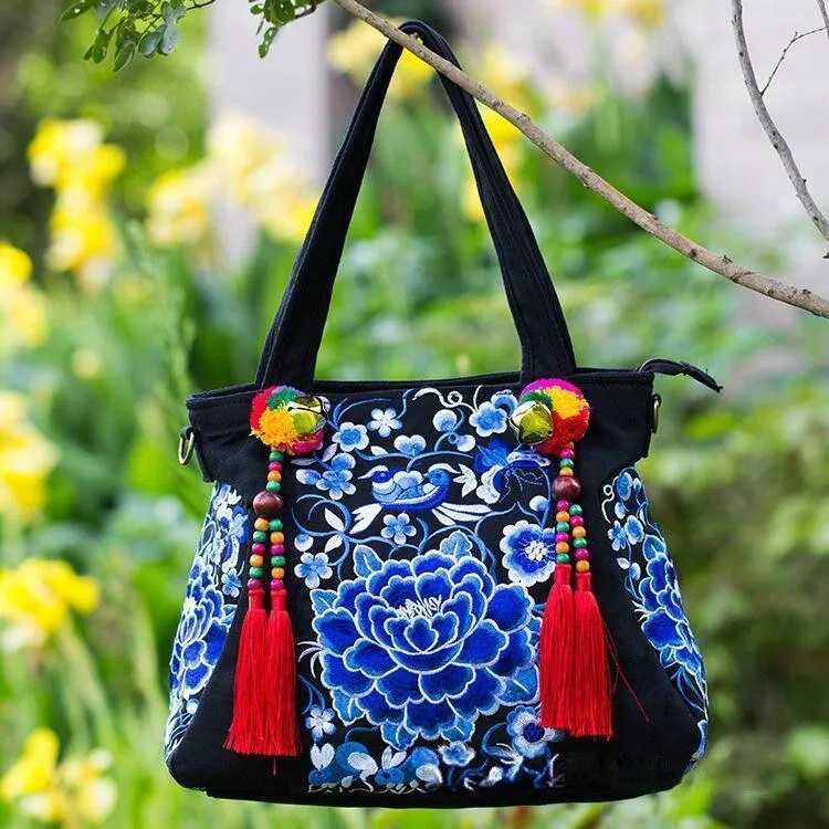 Ethnic Style Embroidery Versatile Canvas Oblique Tassel Shoulder Bag