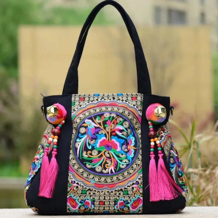 Ethnic Style Embroidery Versatile Canvas Oblique Tassel Shoulder Bag