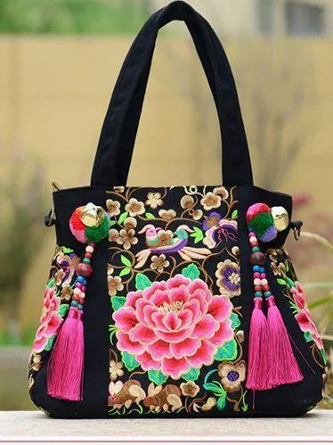 Ethnic Style Embroidery Versatile Canvas Oblique Tassel Shoulder Bag