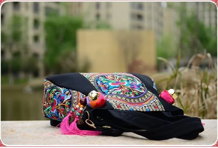 Ethnic Style Embroidery Versatile Canvas Oblique Tassel Shoulder Bag