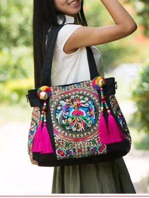 Ethnic Style Embroidery Versatile Canvas Oblique Tassel Shoulder Bag