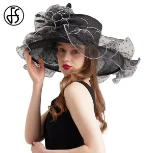 FS 2024 Kentucky Derby Hats For Women Organza Sun Cap Feather Flower Wedding Bride Church Cocktail Tea Party Fedora Female