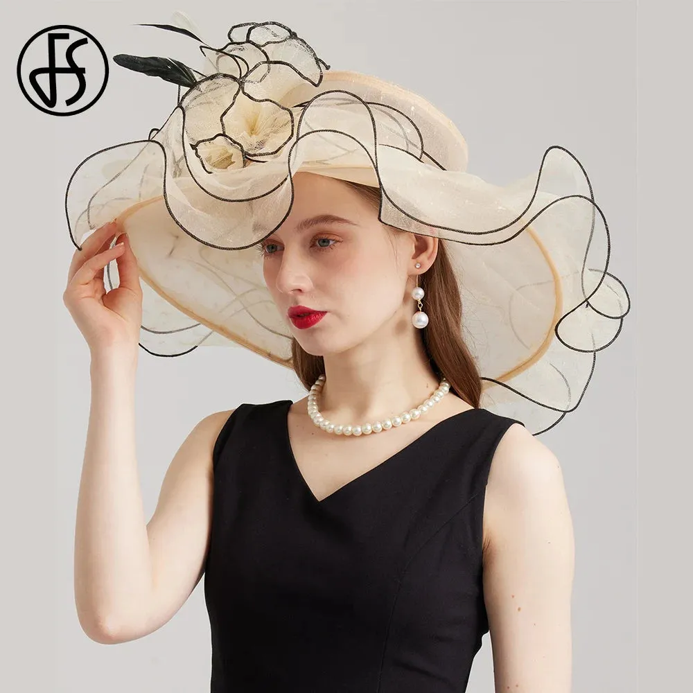 FS 2024 Kentucky Derby Hats For Women Organza Sun Cap Feather Flower Wedding Bride Church Cocktail Tea Party Fedora Female