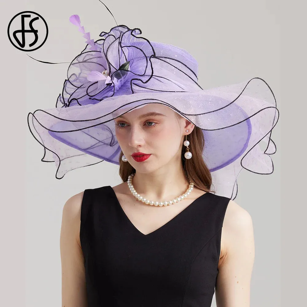 FS 2024 Kentucky Derby Hats For Women Organza Sun Cap Feather Flower Wedding Bride Church Cocktail Tea Party Fedora Female