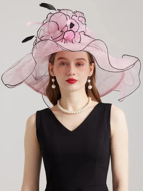 FS 2024 Kentucky Derby Hats For Women Organza Sun Cap Feather Flower Wedding Bride Church Cocktail Tea Party Fedora Female