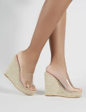 Pacha Espadrille Wedge Heeled Mules in Nude