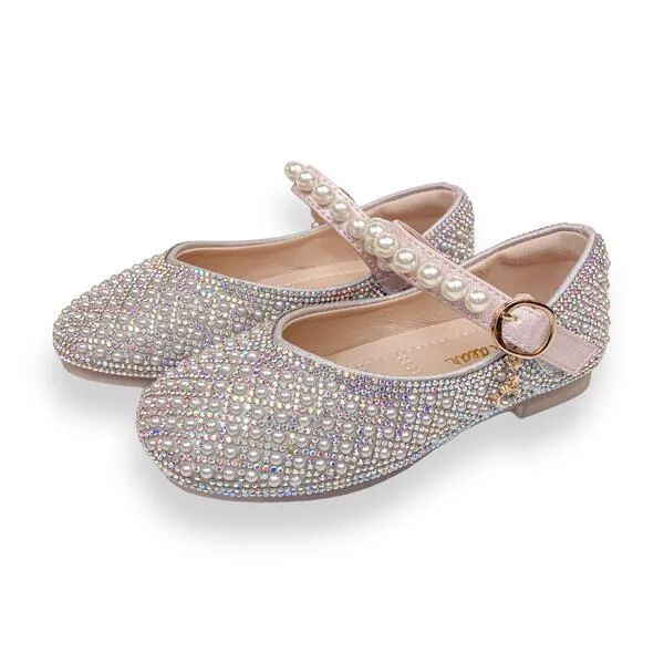 Pearl Strap Charm Flat Shoes in Pink