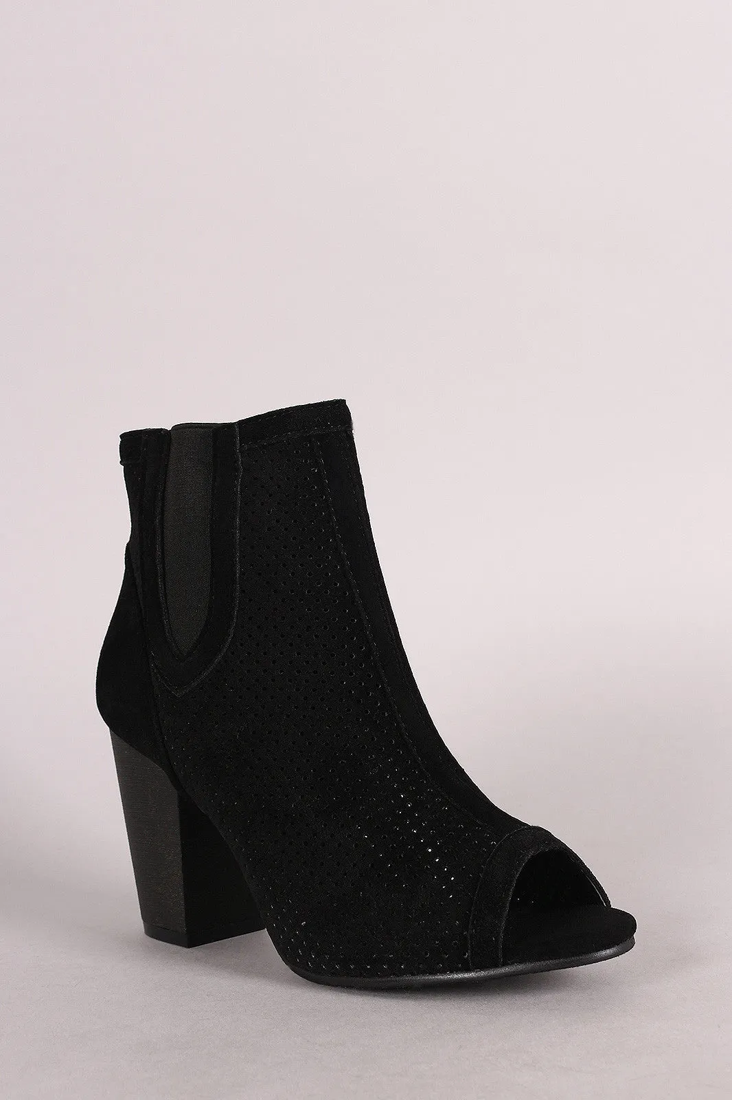 Perforated Peep Toe Chunky Heel Bootie