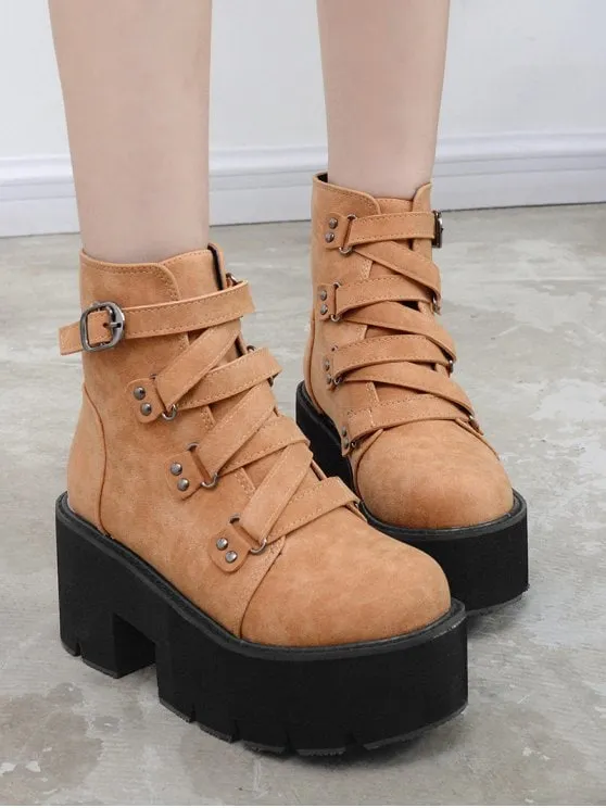 Pretty Criss Cross Buckle Strap Platform Boots