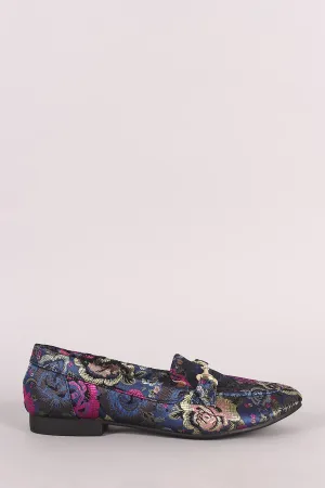 Qupid Horsebit Ornament Floral Slip On Loafer Flat