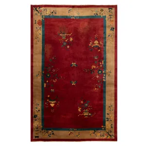 Red Chinese Vintage Art Deco Wool Rug - 9'10" x 15'