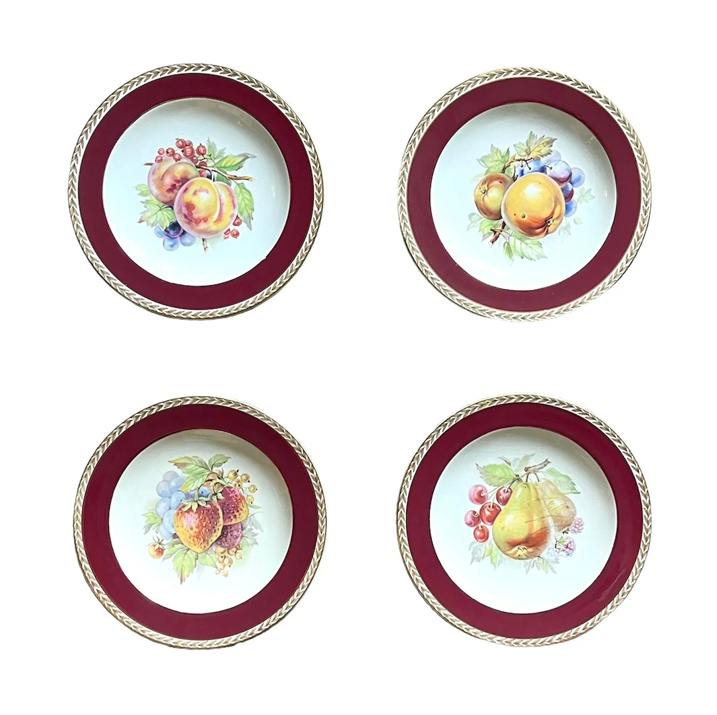 Set 4 Unique Antique Hand Painted English Botanical Strawberry Blueberry Pear Peach Apple Plates #2