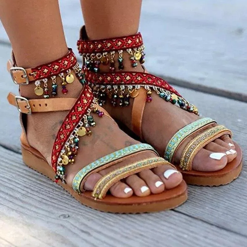 Summer women beach flats sandals handmade string bead bohemian ladies shoes