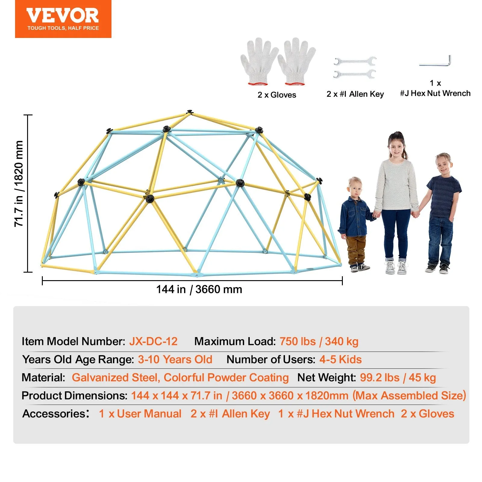 Vevor Climbing Dome 12' Jungle Gym Supports 750 Lbs. Outdoor Play Center New