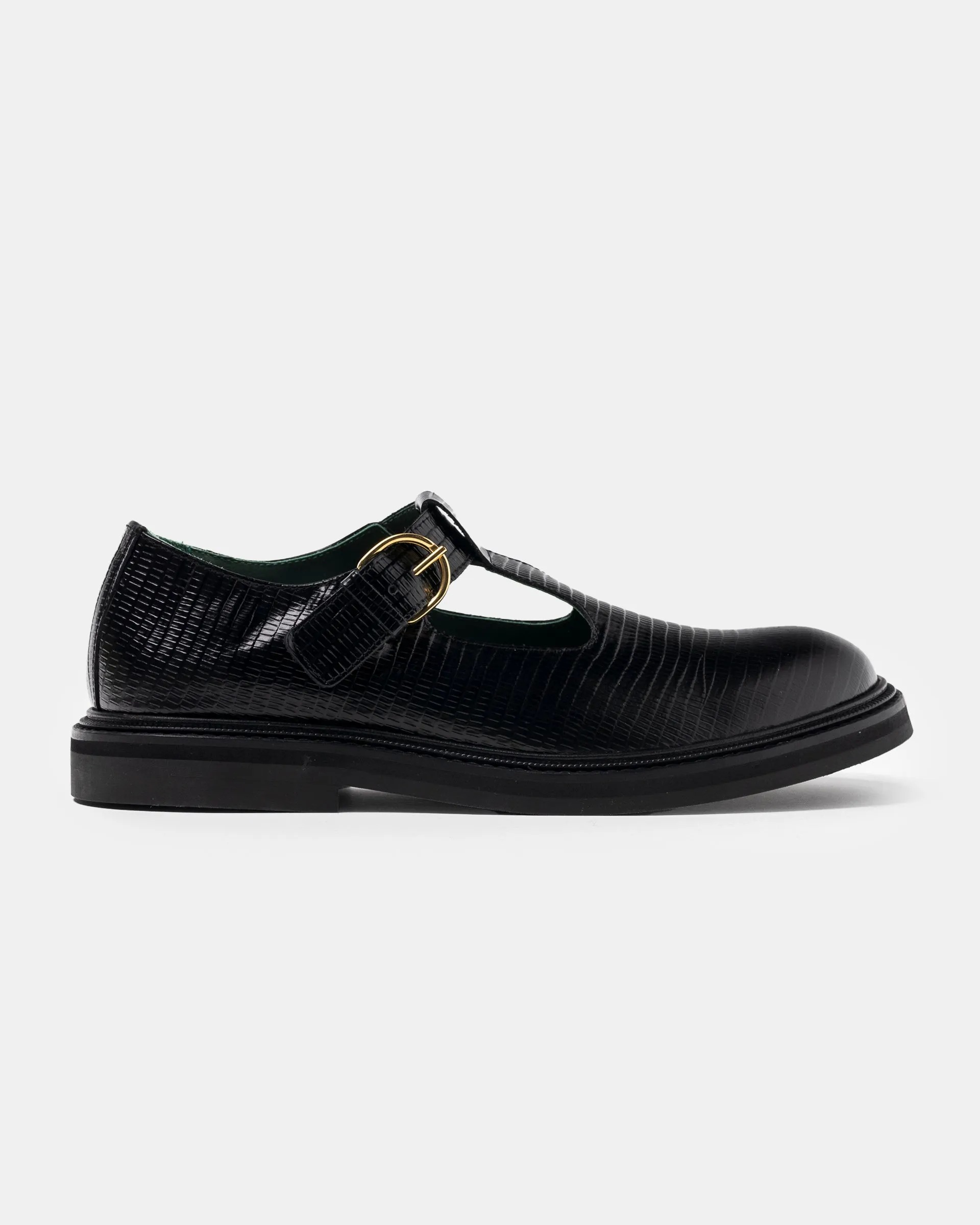 Vinnee T-Strap Loafer in Black Lizard