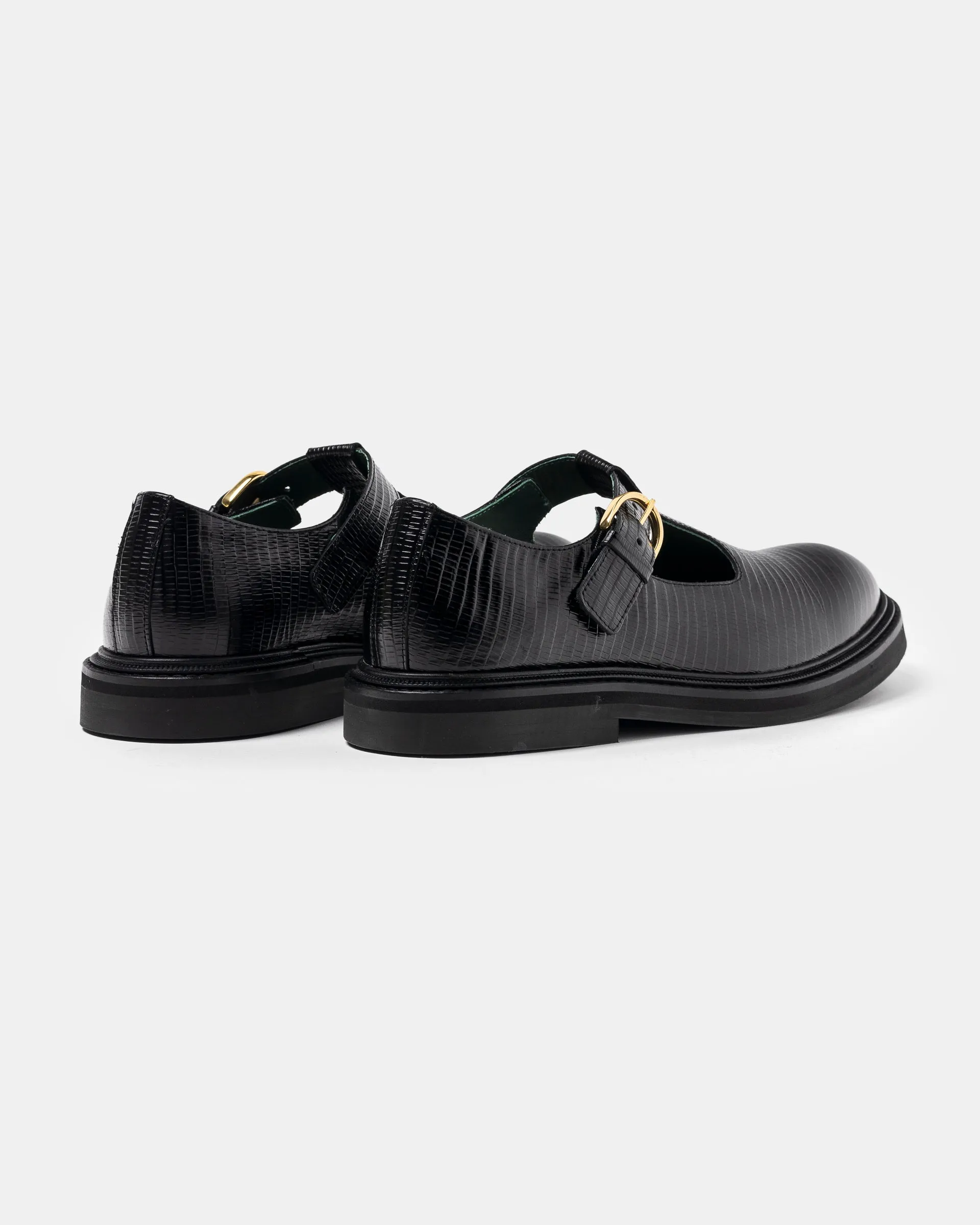 Vinnee T-Strap Loafer in Black Lizard