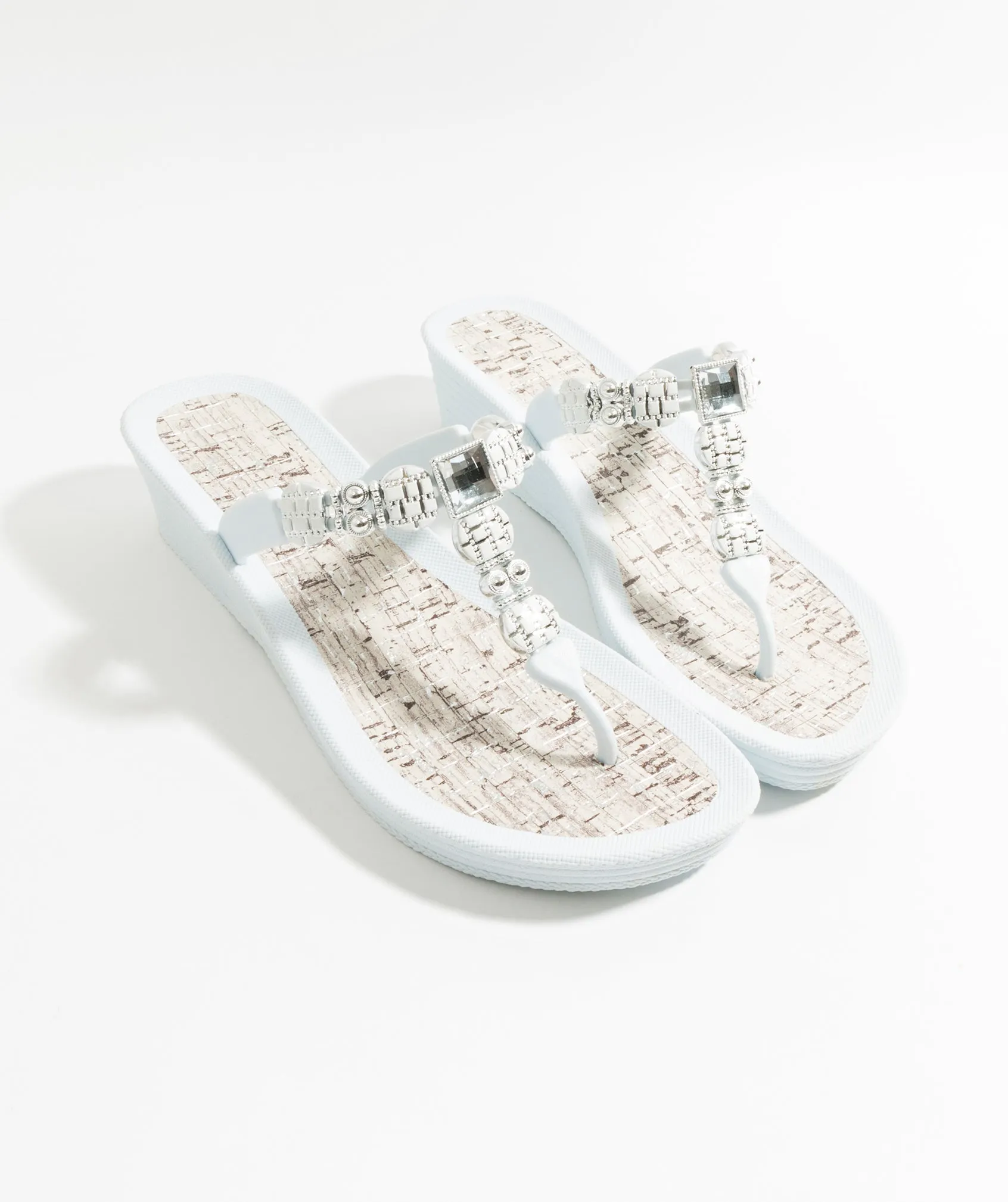 White Wedge Heel Pool Sandal with Jewelled Toe Post