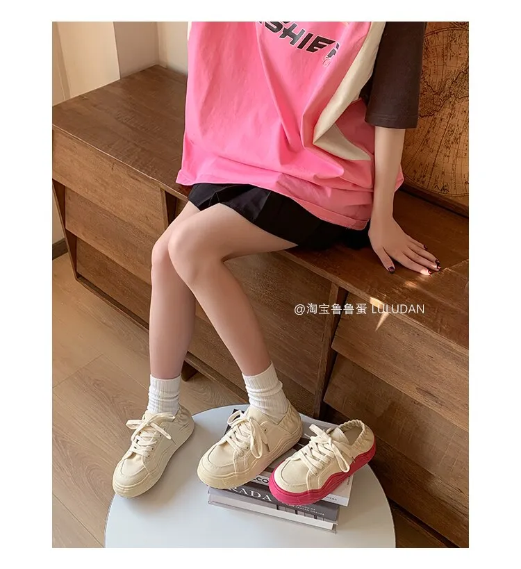 xiangtuibao Beige Casual Women's Sneakers Canvas Shoes Thick Sole Spring Autumn Lace Up  Flats Sneakers Chunky Shoes Sports Female NEW