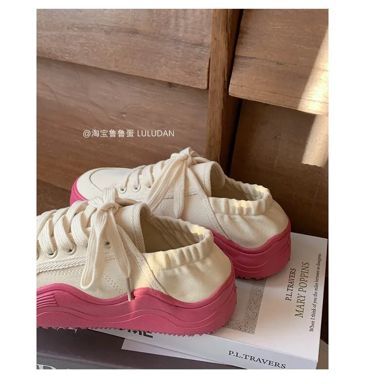 xiangtuibao Beige Casual Women's Sneakers Canvas Shoes Thick Sole Spring Autumn Lace Up  Flats Sneakers Chunky Shoes Sports Female NEW